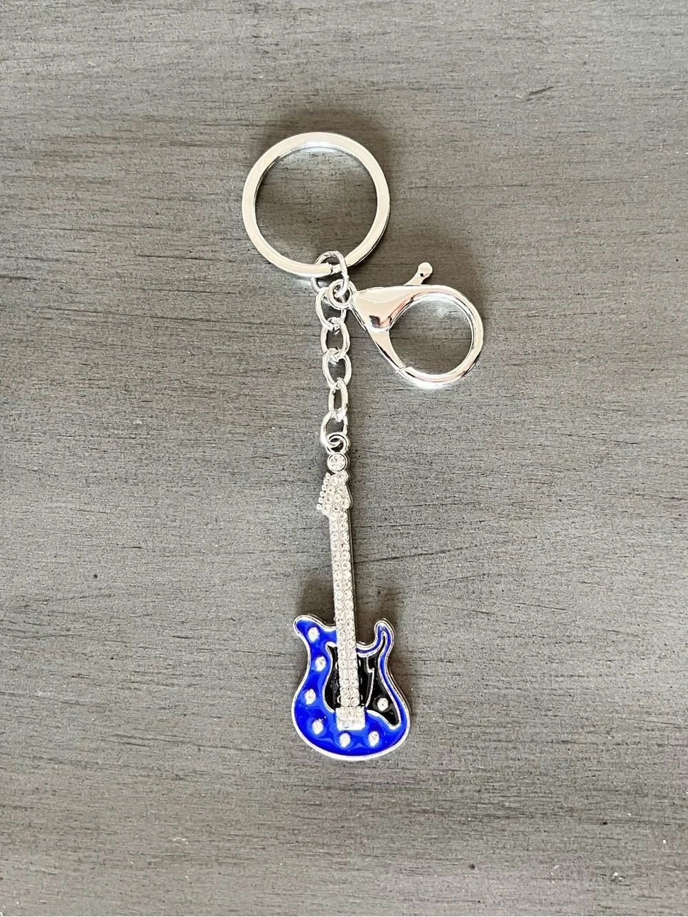 Blue & Black Enamel Electric Guitar Rhinestone Silver Keychain 3.5
